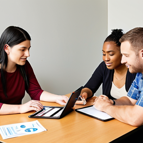 Home 19 **A diverse group of rehabilitation counselors collaborating around a table, reviewing assessment reports and discussing client needs. Assistive technology devices like a tablet with accessibility features and a hearing aid are subtly visible in the background. The scene conveys a sense of teamwork, empathy, and commitment to ethical practice.**