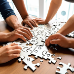 **

A diverse group of people collaboratively working on a jigsaw puzzle representing a rehabilitation plan. Some pieces are missing, but individuals with varying abilities are reaching to fit them in. The setting is a bright, modern co-working space filled with adaptive technology. The overall tone is optimistic and collaborative, symbolizing problem-solving and critical thinking in disability rehabilitation. Focus on warm lighting and expressions of determination and teamwork.

**