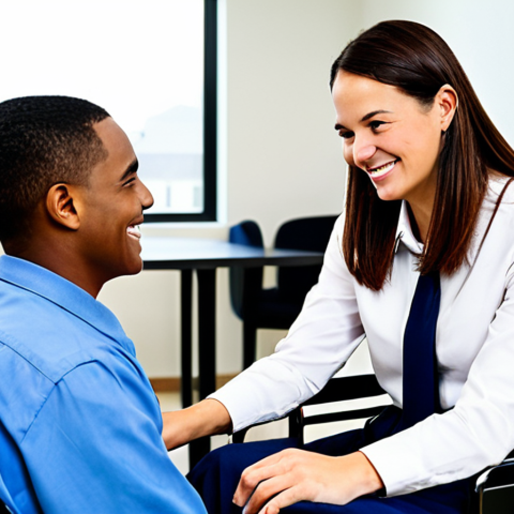 Rehabilitation Counselor & Veteran**

"A professional disability rehabilitation counselor, a woman in her late 30s with a kind smile, fully clothed in modest business attire, is consulting with a young male veteran in a wheelchair; they are in a bright, modern office setting with adaptive equipment visible; the veteran is also fully clothed and smiling slightly; professional photography, perfect anatomy, natural pose, safe for work, appropriate content, family-friendly, high quality."

**