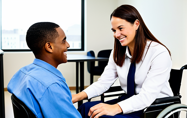 Rehabilitation Counselor & Veteran**

"A professional disability rehabilitation counselor, a woman in her late 30s with a kind smile, fully clothed in modest business attire, is consulting with a young male veteran in a wheelchair; they are in a bright, modern office setting with adaptive equipment visible; the veteran is also fully clothed and smiling slightly; professional photography, perfect anatomy, natural pose, safe for work, appropriate content, family-friendly, high quality."

**