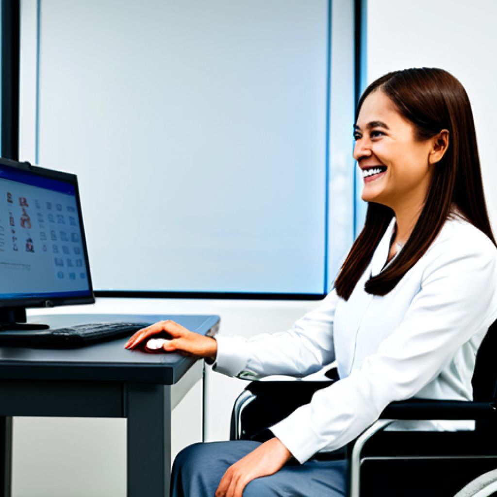 Assistive Technology Empowerment**

"A rehabilitation counselor, fully clothed in professional attire, is demonstrating eye-tracking software to a client in a wheelchair in a brightly lit, accessible office space. The client is smiling, looking at the computer screen. Appropriate content, safe for work, perfect anatomy, natural proportions, well-formed hands, professional photography, high quality, family-friendly, modest clothing."

**