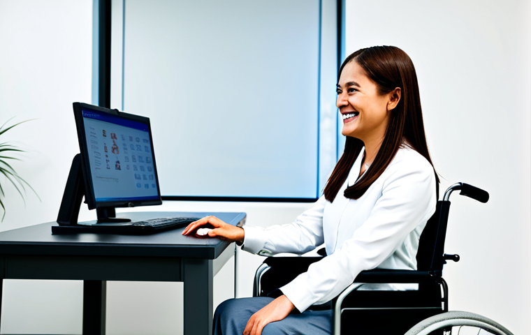 Assistive Technology Empowerment**

"A rehabilitation counselor, fully clothed in professional attire, is demonstrating eye-tracking software to a client in a wheelchair in a brightly lit, accessible office space. The client is smiling, looking at the computer screen. Appropriate content, safe for work, perfect anatomy, natural proportions, well-formed hands, professional photography, high quality, family-friendly, modest clothing."

**