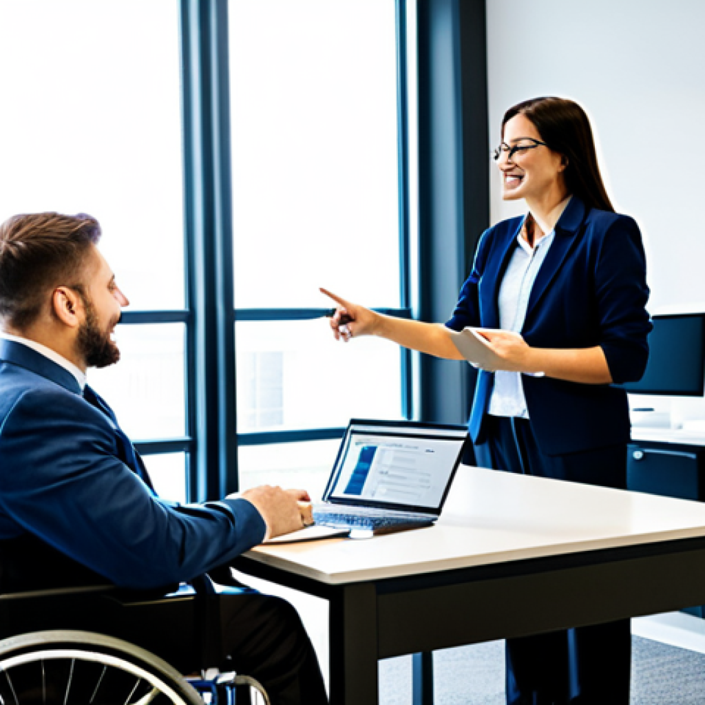 "A disability rehabilitation counselor in a modern office, meeting with a client in a wheelchair. The counselor is pointing at a computer screen displaying job options. Both are fully clothed in professional attire, appropriate for an office environment. Natural lighting, safe for work, professional setting, correct proportions, perfect anatomy, family-friendly."