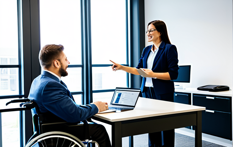 "A disability rehabilitation counselor in a modern office, meeting with a client in a wheelchair. The counselor is pointing at a computer screen displaying job options. Both are fully clothed in professional attire, appropriate for an office environment. Natural lighting, safe for work, professional setting, correct proportions, perfect anatomy, family-friendly."