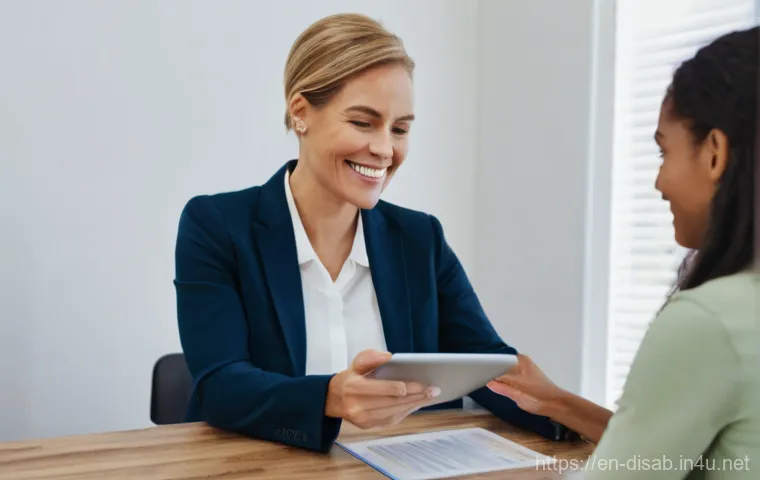 장애인재활상담사와 신체 장애 지원 - **Prompt:** A compassionate rehabilitation counselor, a woman in her late 40s with a warm, encouragi...