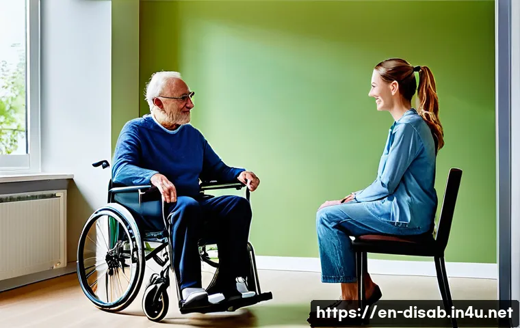 장애인재활상담사와 심리 치료 - A warm and inviting therapy room scene showing a diverse rehabilitation counselor and client engaged...