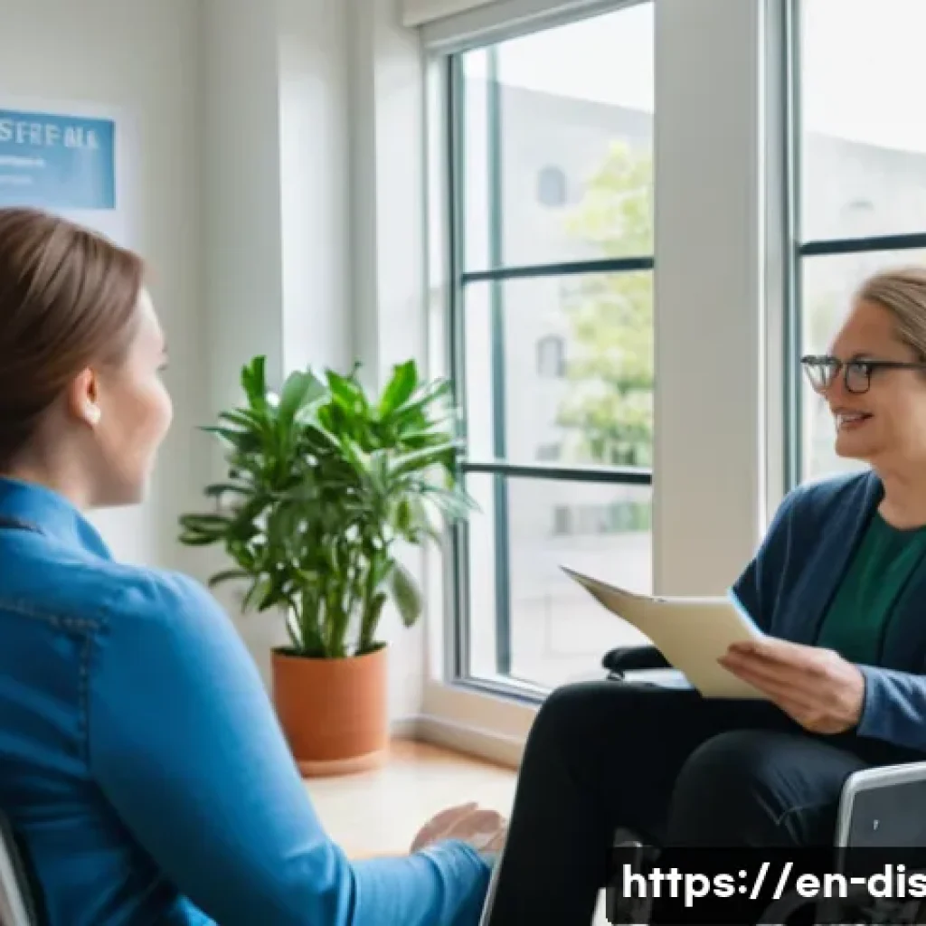 장애인재활상담사 진로 멘토링 사례 - A warm, professional disability rehabilitation counseling session in a bright, accessible office: a ...