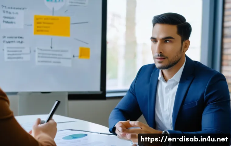 장애인재활상담사 자격시험 기출문제 분석 - A professional rehabilitation counselor in a modern office setting, attentively listening to a diver...