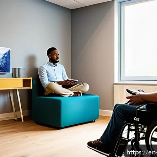 장애인재활상담사와 장애인 자립 사례 - A warm and inviting counseling room scene featuring a diverse rehabilitation counselor attentively l...