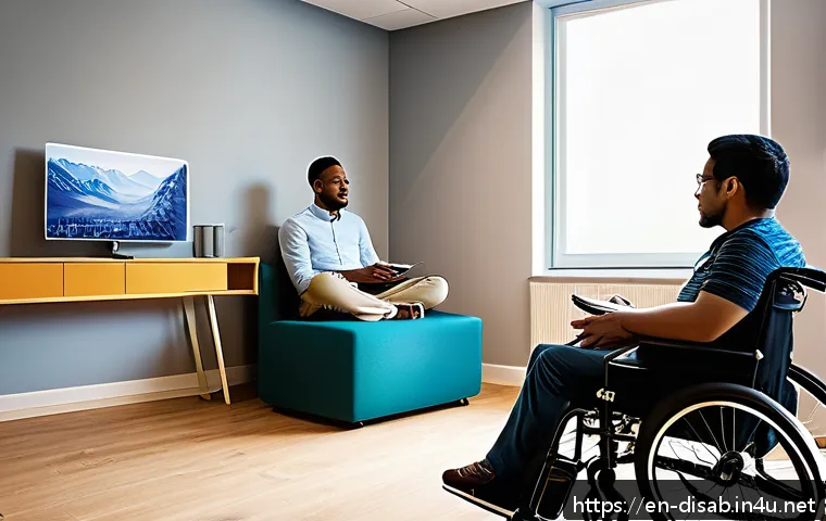 장애인재활상담사와 장애인 자립 사례 - A warm and inviting counseling room scene featuring a diverse rehabilitation counselor attentively l...