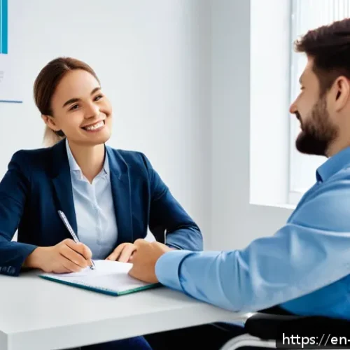 장애인재활상담사 시험 응시 요건 - A professional disability rehabilitation counselor in a modern office setting, wearing business casu...