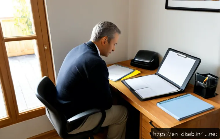 Home 17 장애인재활상담사 진로 변경 - Photorealistic career transition scene, a thoughtful middle-aged rehabilitation counselor seated at ...