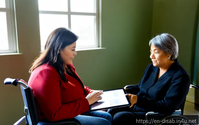 장애인재활상담사와 사례 연구 분석 - Photorealistic rehabilitation counseling case study session in a bright accessible community clinic,...